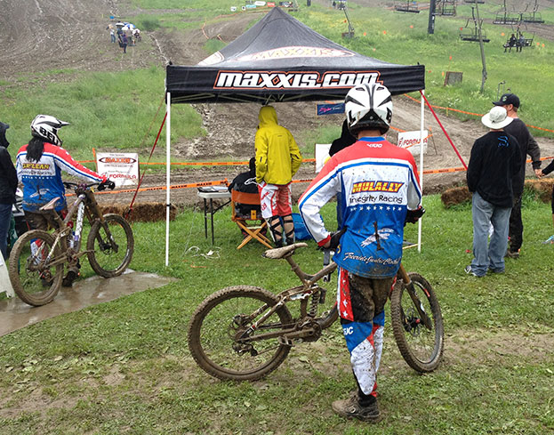 A muddy Logan after his race run.