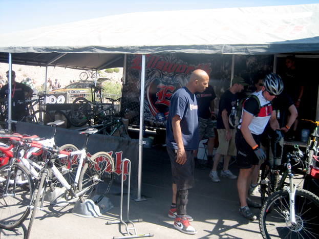 Donald working the Ellsworth tent helping get a test bike set up.