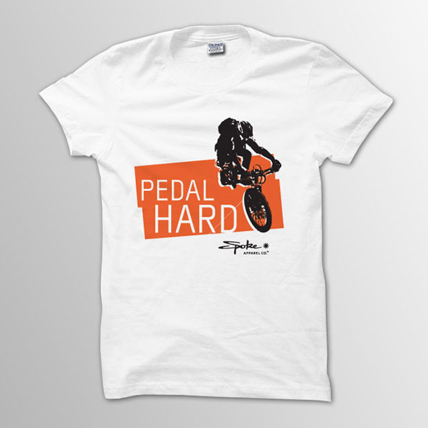 spoke_apparel_pedal_hard Pedal Hard Mountain Biking T on White w/ Orange & Black Print